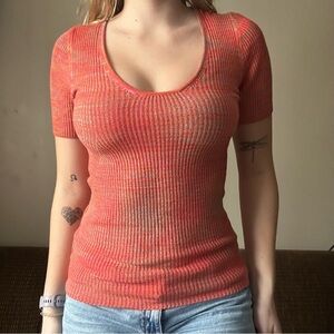 Anthropologie Moth Orange Ribbed Knit Top Scoop Neck Size S Stretchy